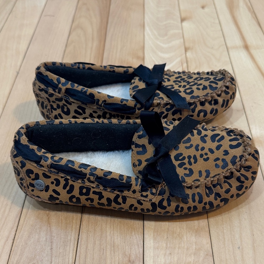 UGG Tan Leopard Moccasins with Black Bow